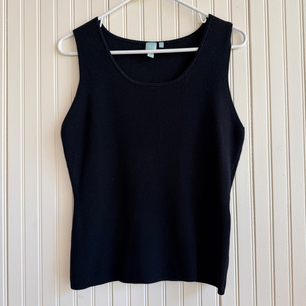 Shu Shu Womens Black Ribbed Knit Scoop Neck Tank Top Sleeveless Shell Size L